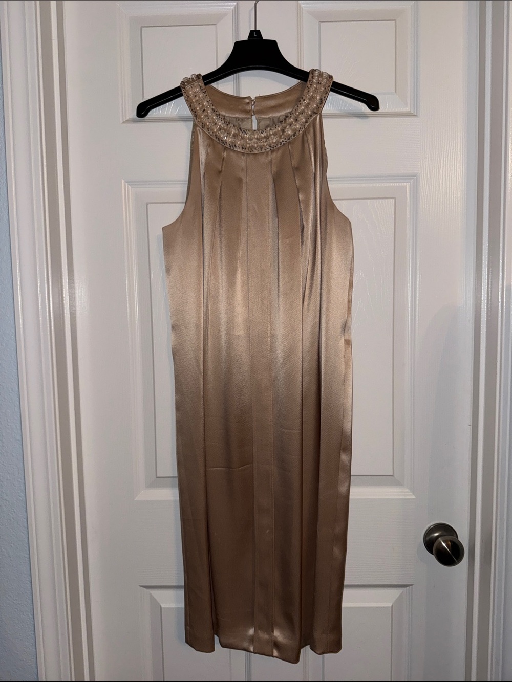 Jones New York Beaded Neckline Satin Midi Dress in Champagne